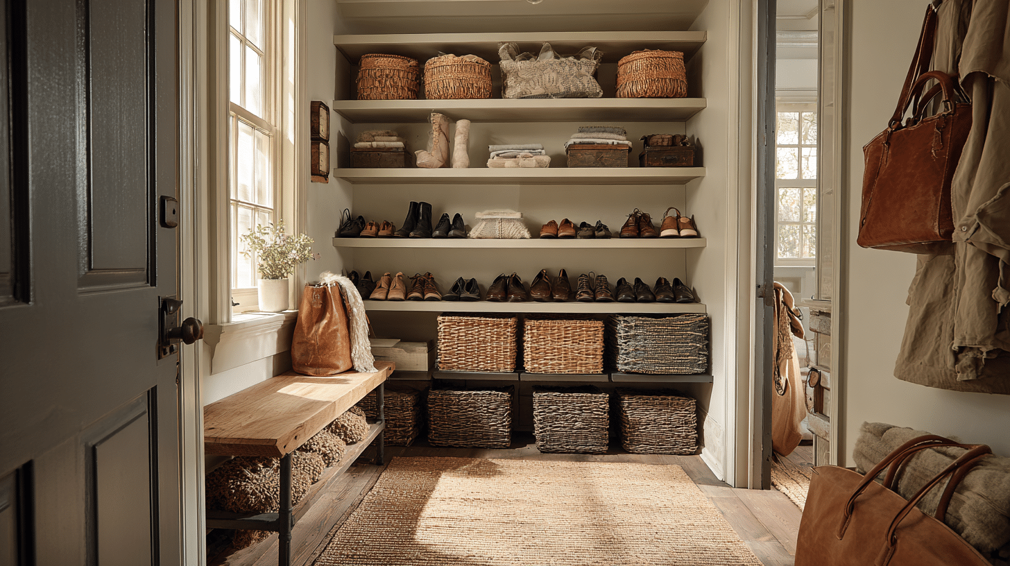 Sunlit medium sized mudroom with shelves of shoes, woven baskets, folded linens, wooden bench, leather bags, window, and neutral decor