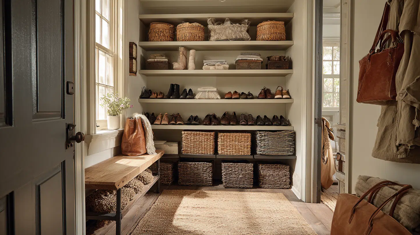 Sunlit medium sized mudroom with shelves of shoes, woven baskets, folded linens, wooden bench, leather bags, window, and neutral decor
