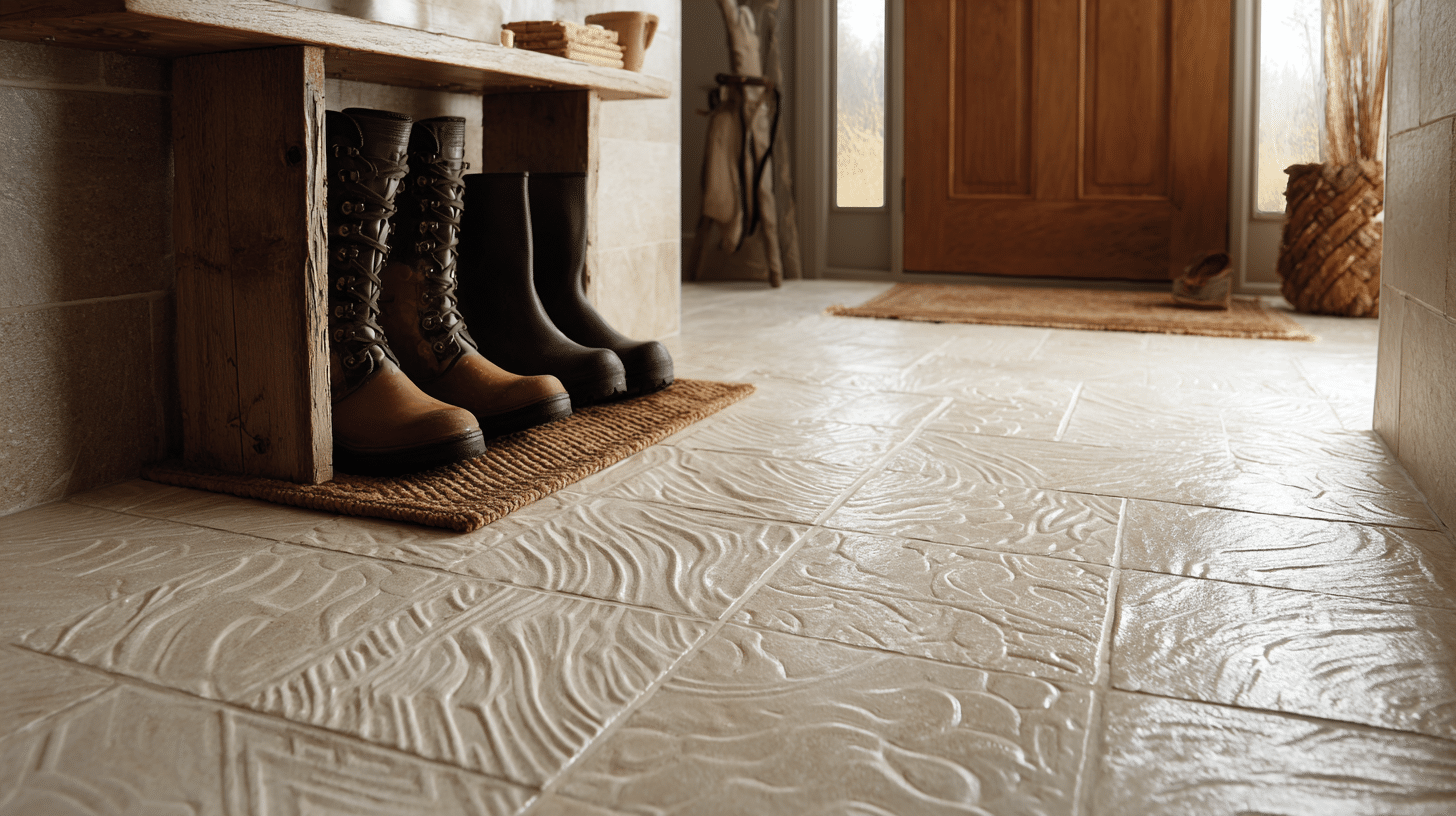 Textured tile mudroom floor with boots on a wooden rack, natural fiber mats, and a wooden door entryway with dark tones