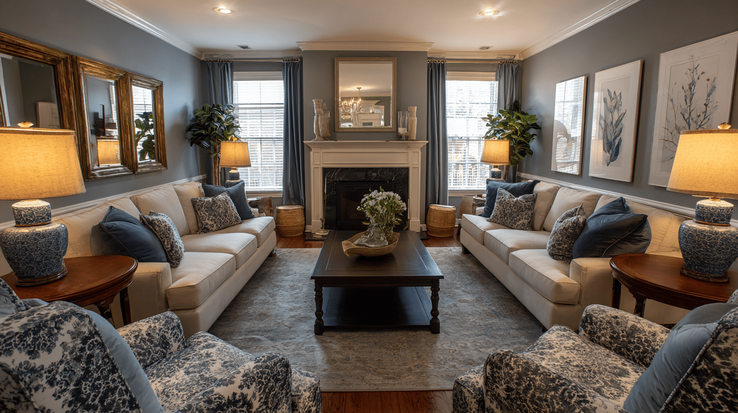 Traditional living room with two cream sofas facing a dark wood coffee table under blue curtains and large floral lamps