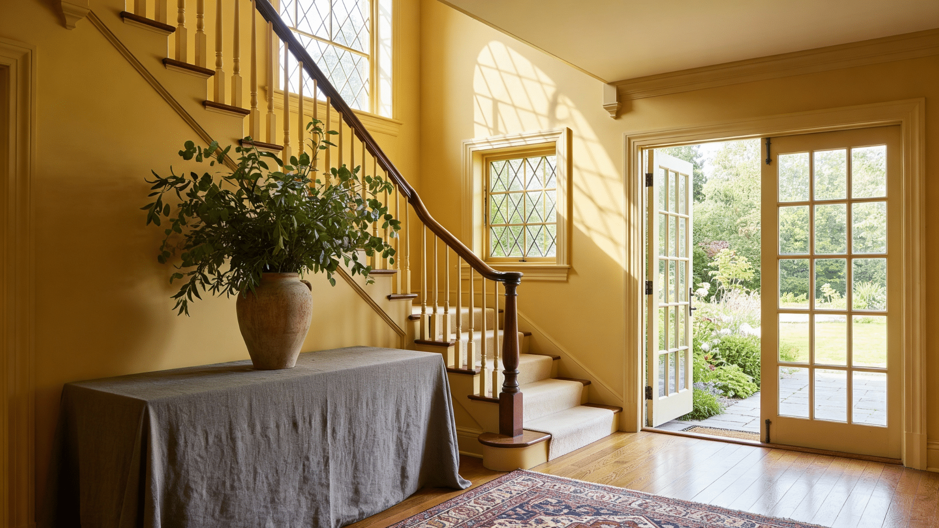 Warm yellow entryway with wooden staircase, gray linen console table, urn of greenery, and glass French doors to lush garden.