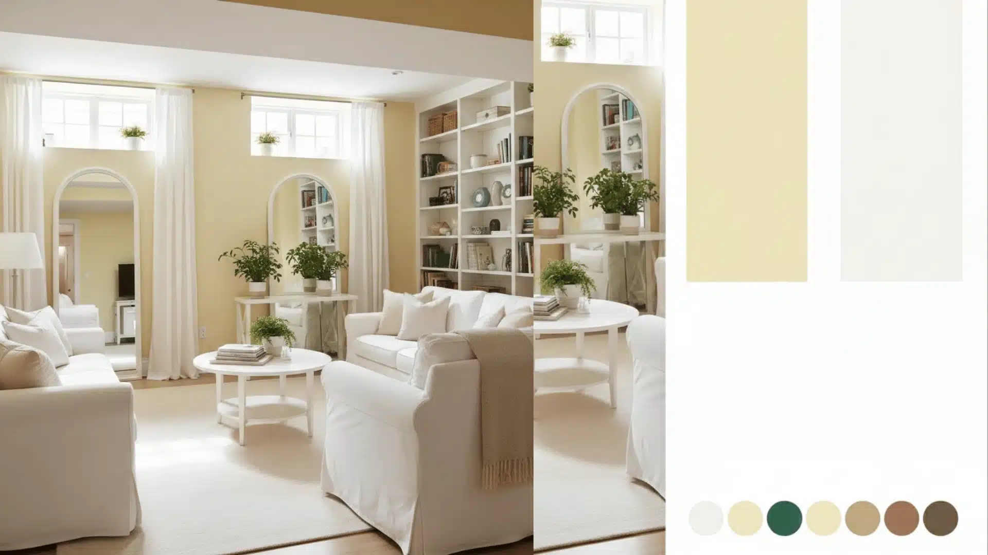 A basement featuring white furniture and beige walls, creating a bright and inviting atmosphere
