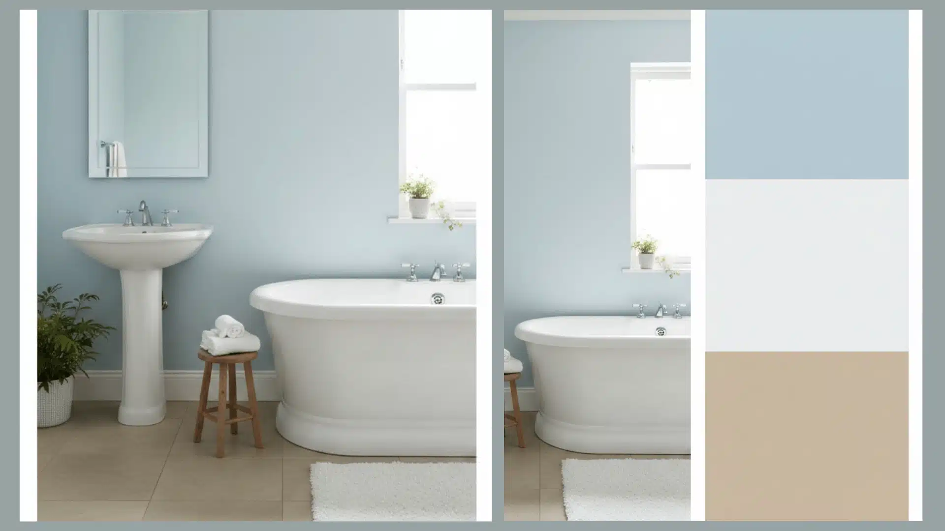 Bright, pale blue bathroom featuring a white pedestal sink, freestanding bathtub, and color swatches for wall and floor inspiration