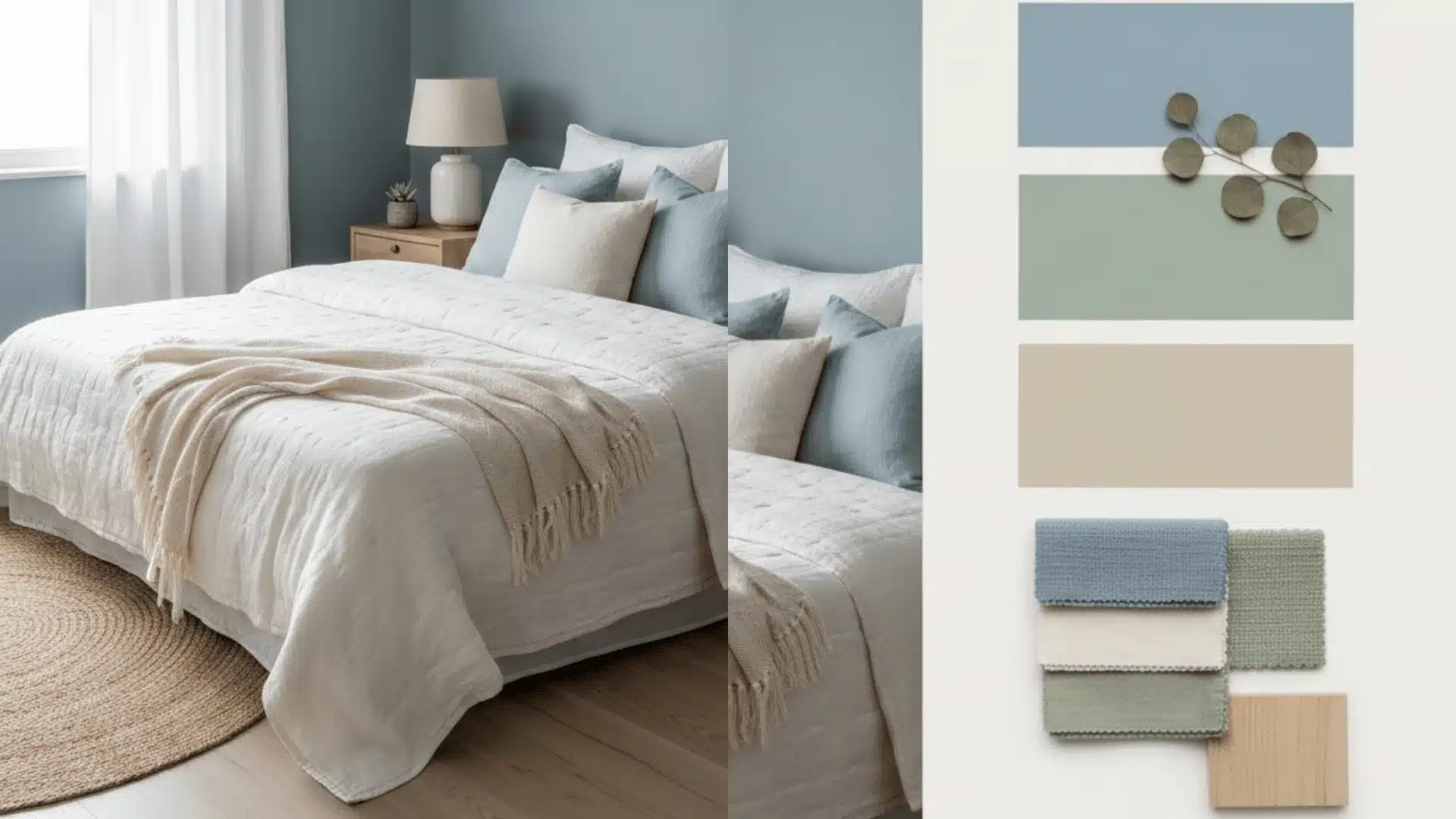 Bedroom color palette inspiration featuring a white linen bed set against dusty blue walls, with color swatches of blue, sage green, and beige