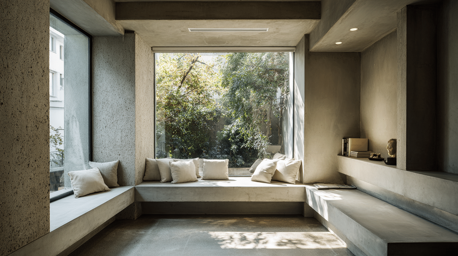 built in seating that follows the room lines