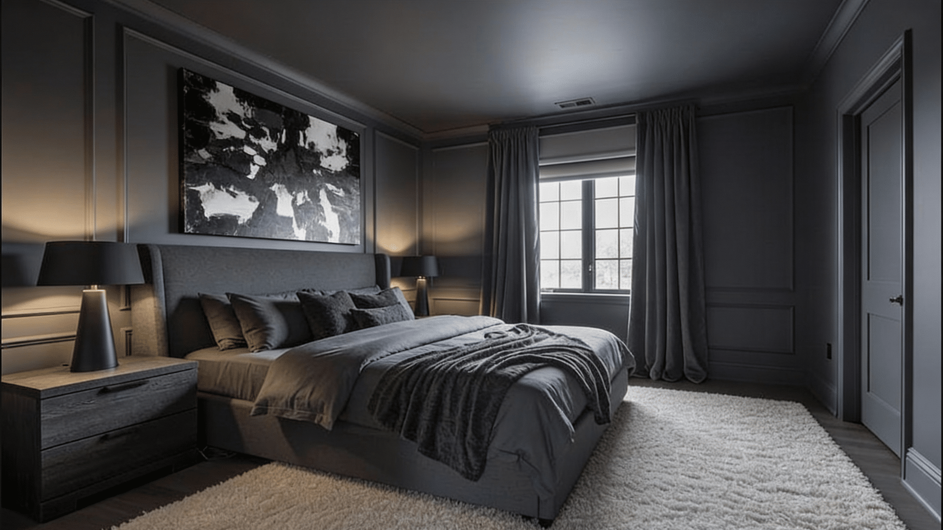 charcoal color drenched bedroom