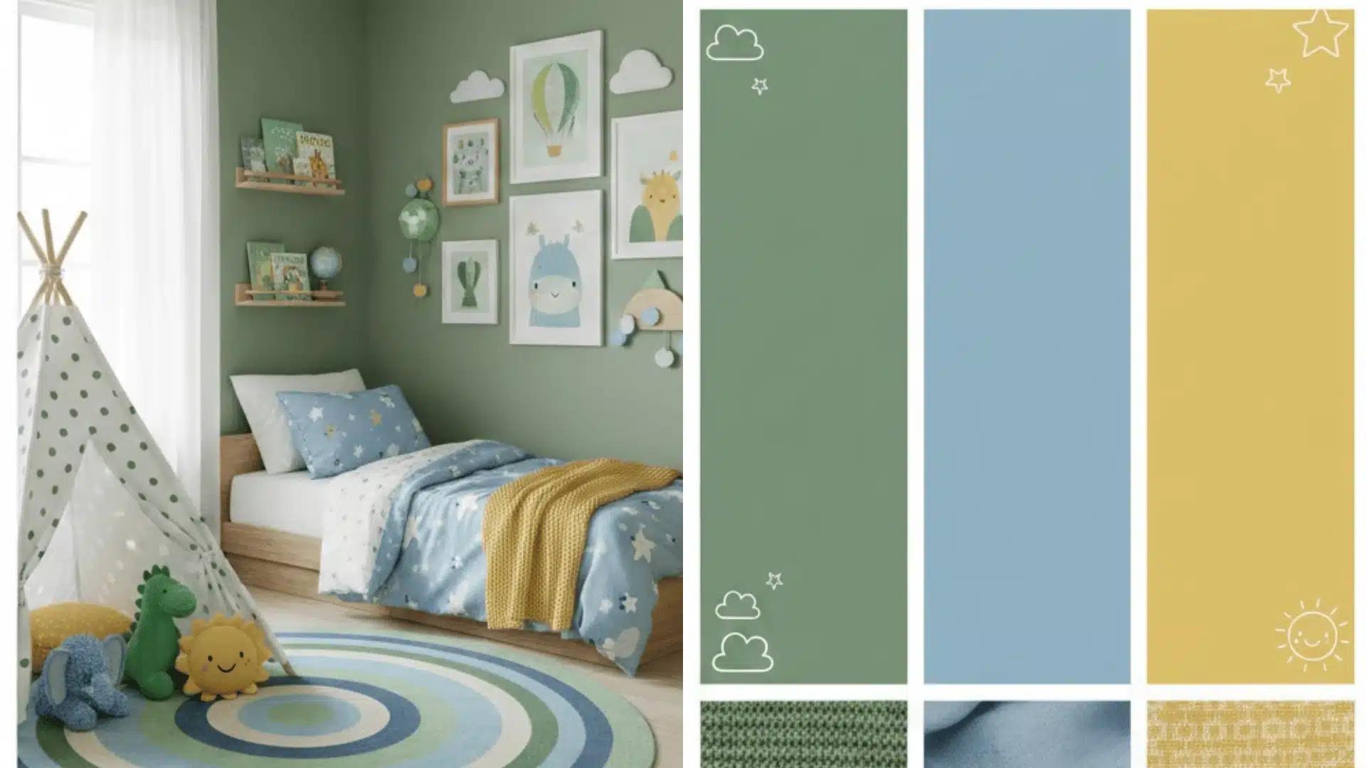 A child’s room decorated in vibrant green, yellow, and blue colors, creating a cheerful and playful atmosphere