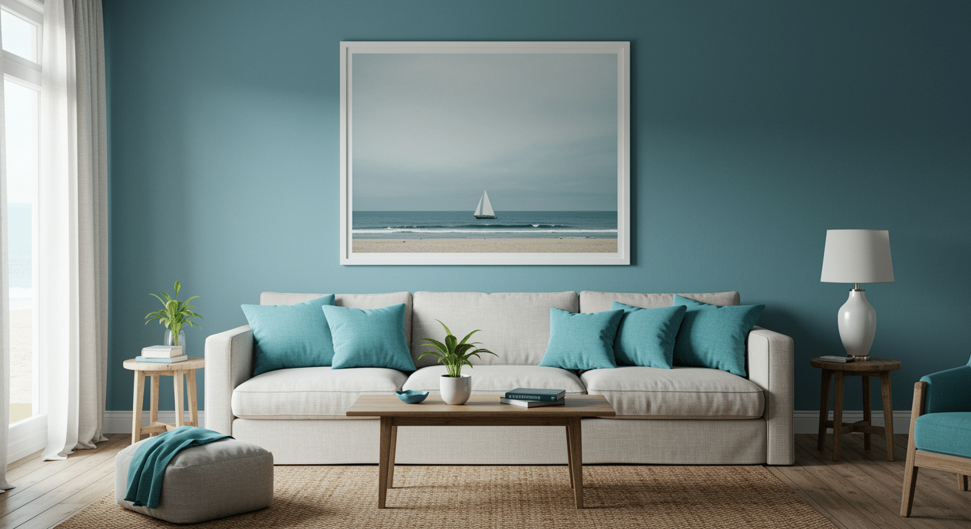 Bright coastal living room with teal wall, neutral sofa, blue cushions, framed ocean artwork, and natural wood accents