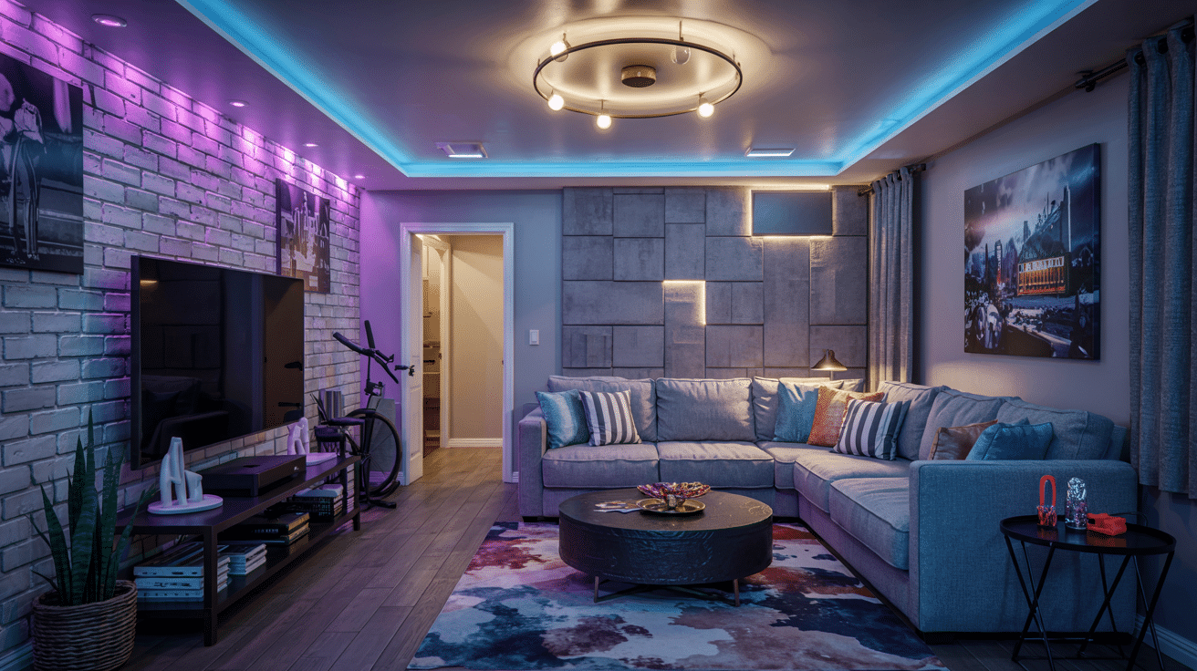 color tunable lighting to change the basement mood