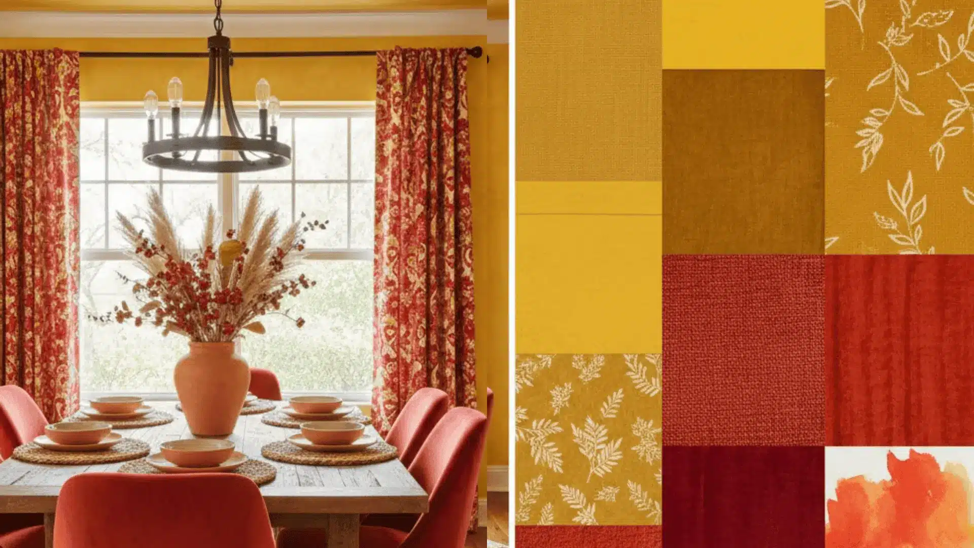 Split image showing an autumnal dining room setting juxtaposed with a color and fabric mood board featuring yellows, golds, and burnt oranges