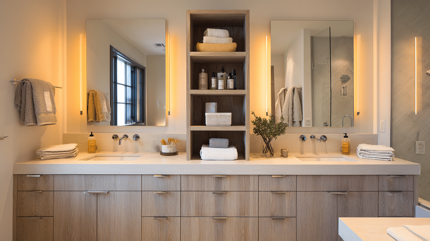double vanity with center storage tower