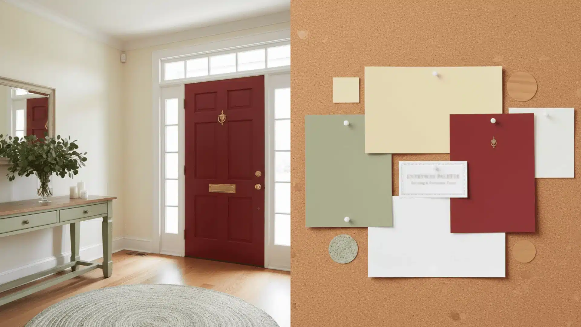 A red door stands next to two white doors, creating a striking contrast in color and design