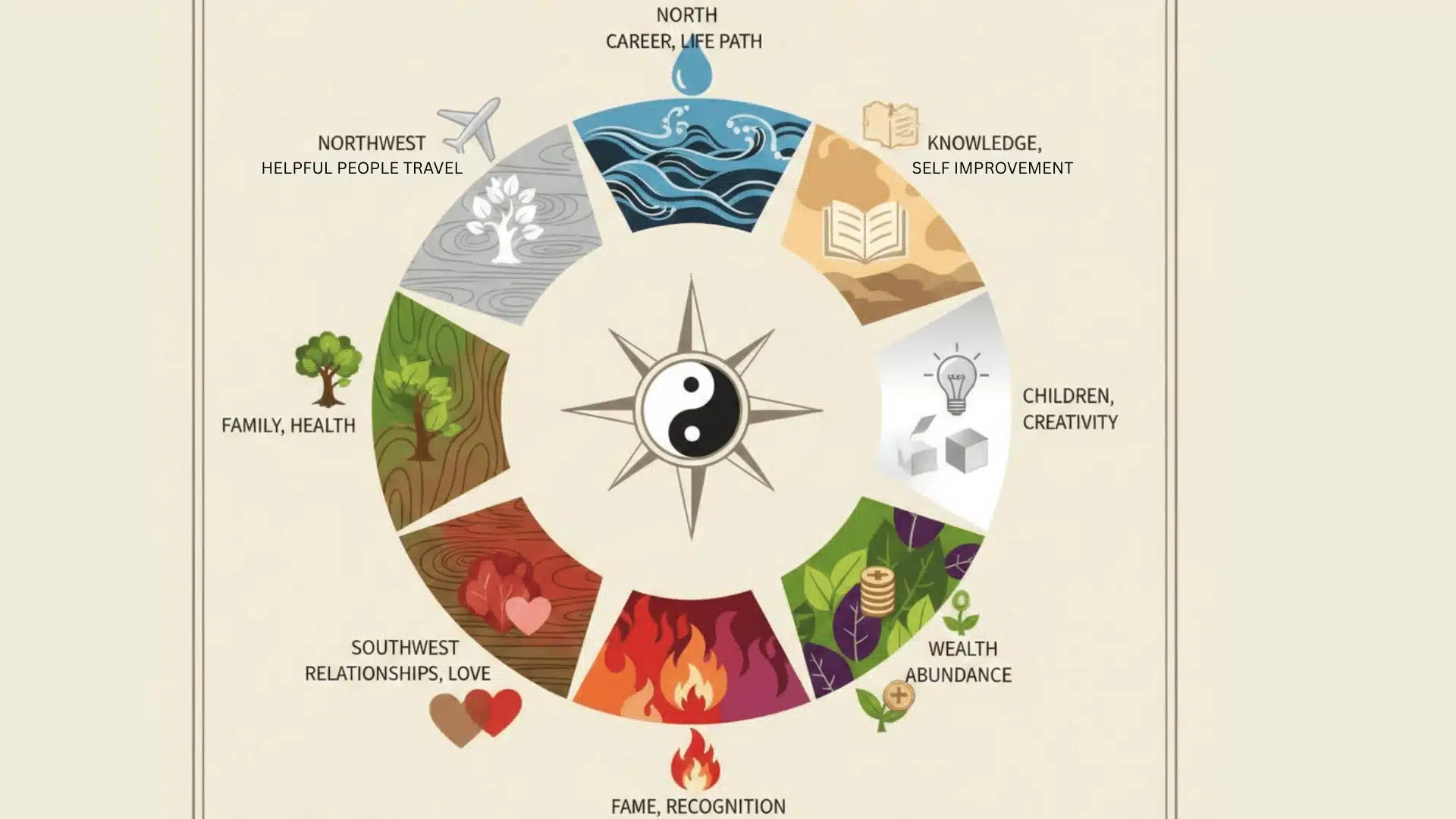 Diagram illustrating the nine Bagua areas of Feng Shui with associated life aspects like Career, Wealth, and Relationships surrounding a central compass rose with a Yin-Yang symbol