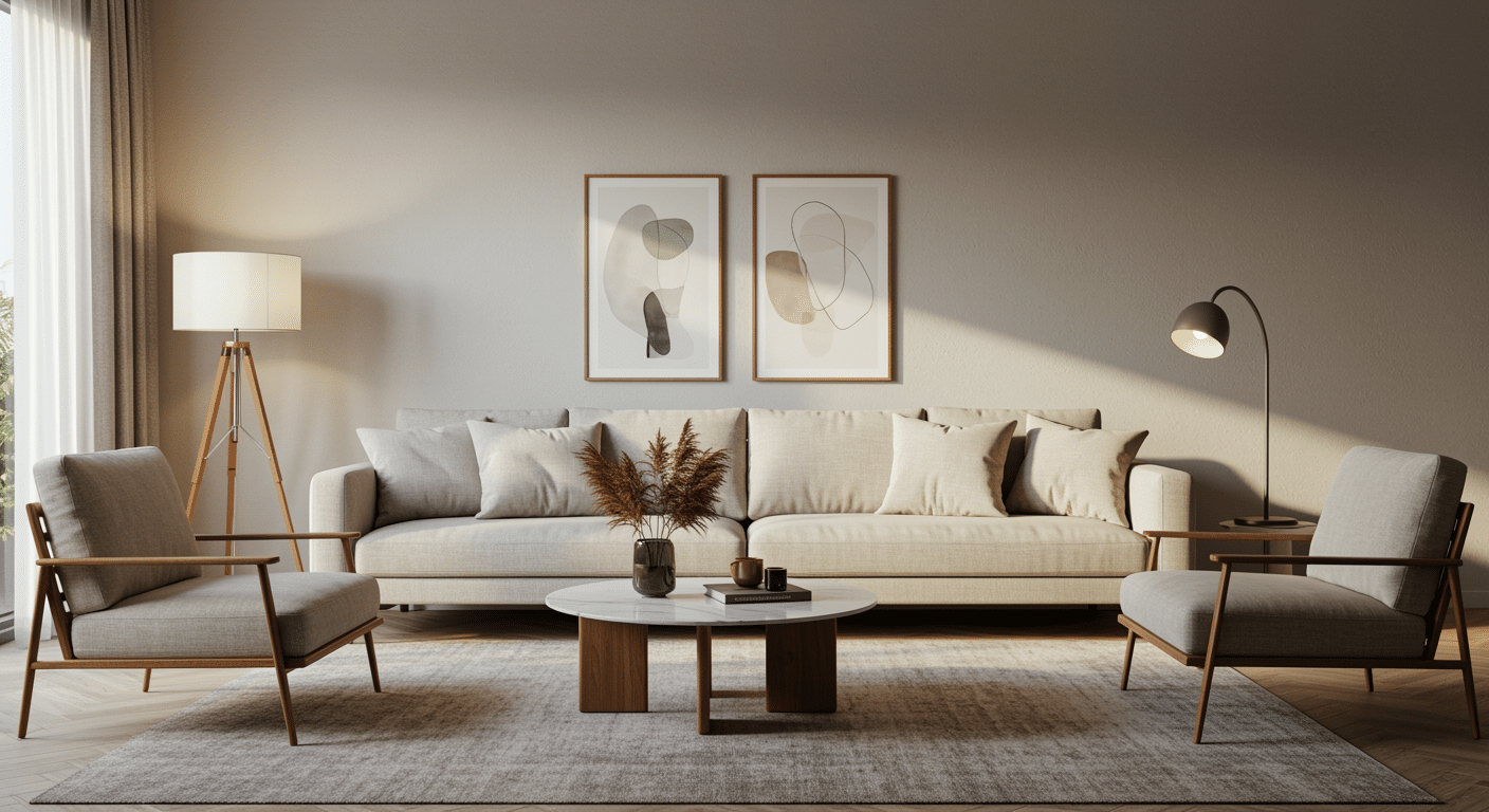 Neutral modern living room with soft beige tones, wooden accents, abstract wall art, and minimalist furniture arranged for a calm, balanced look