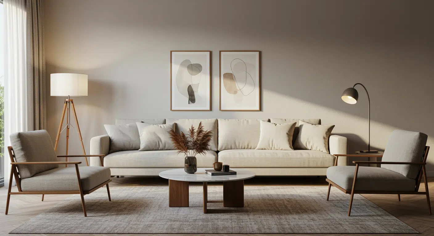 Neutral modern living room with soft beige tones, wooden accents, abstract wall art, and minimalist furniture arranged for a calm, balanced look