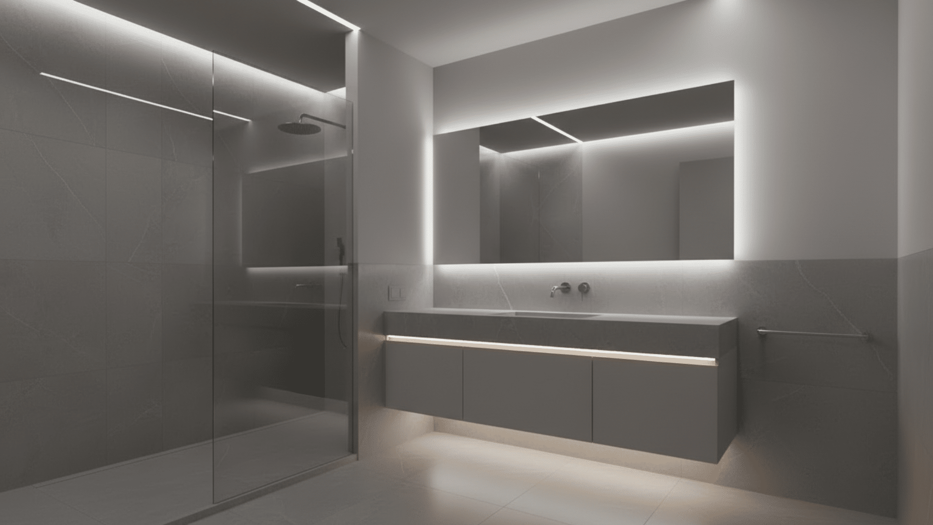 gray color drenched bath room