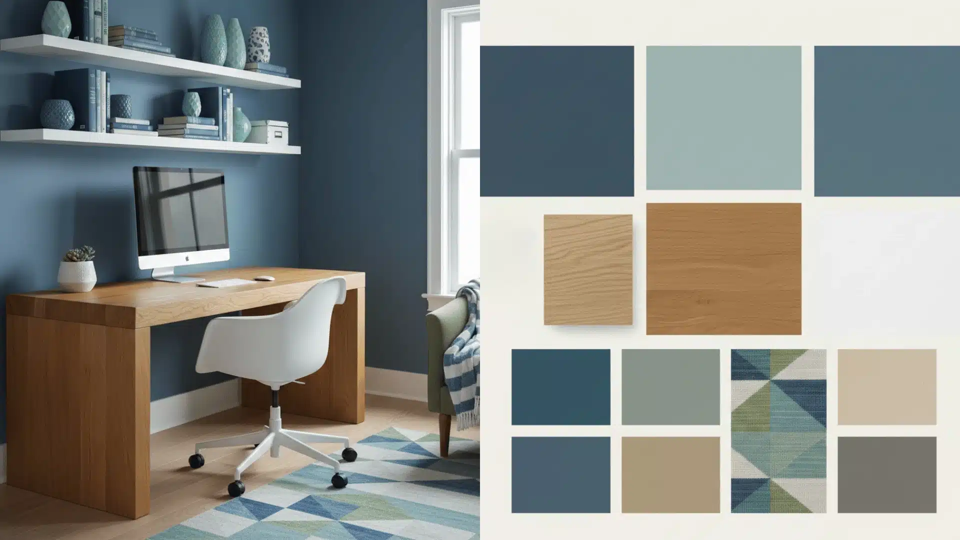 Home office design inspiration featuring a blue wall, wood desk, white chair, and a corresponding mood board with blue, green, wood, and neutral color swatches