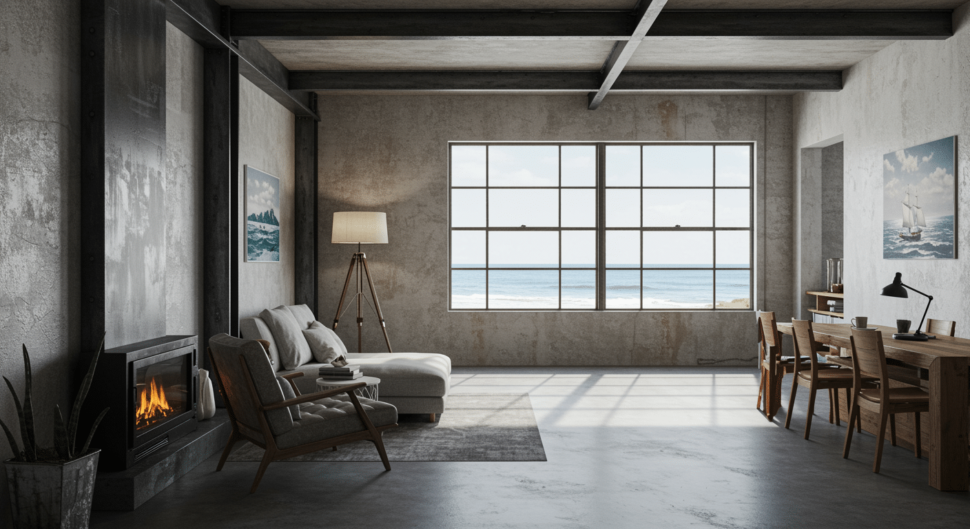 Industrial style beach house interior with exposed beams, concrete walls, large ocean facing window, and minimal wood furniture
