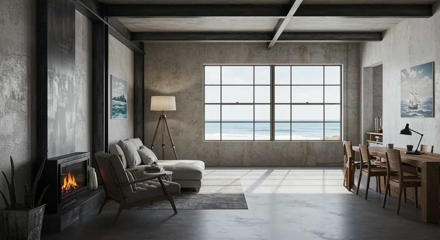 Industrial style beach house interior with exposed beams, concrete walls, large ocean facing window, and minimal wood furniture