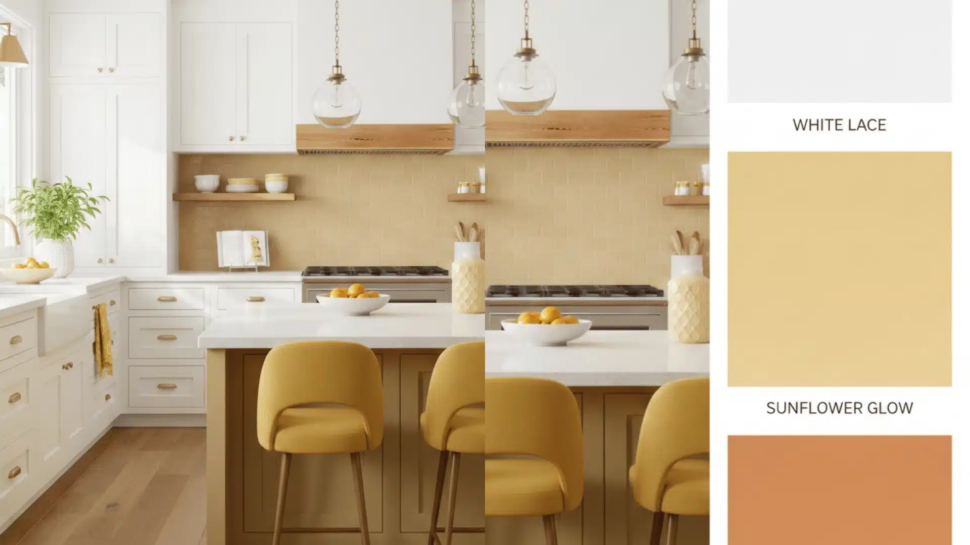 Bright white kitchen featuring yellow tile backsplash, mustard yellow bar stools, and color swatches