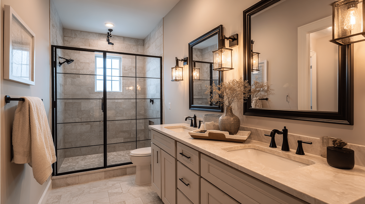 layout with dark fixtures as a bold accent