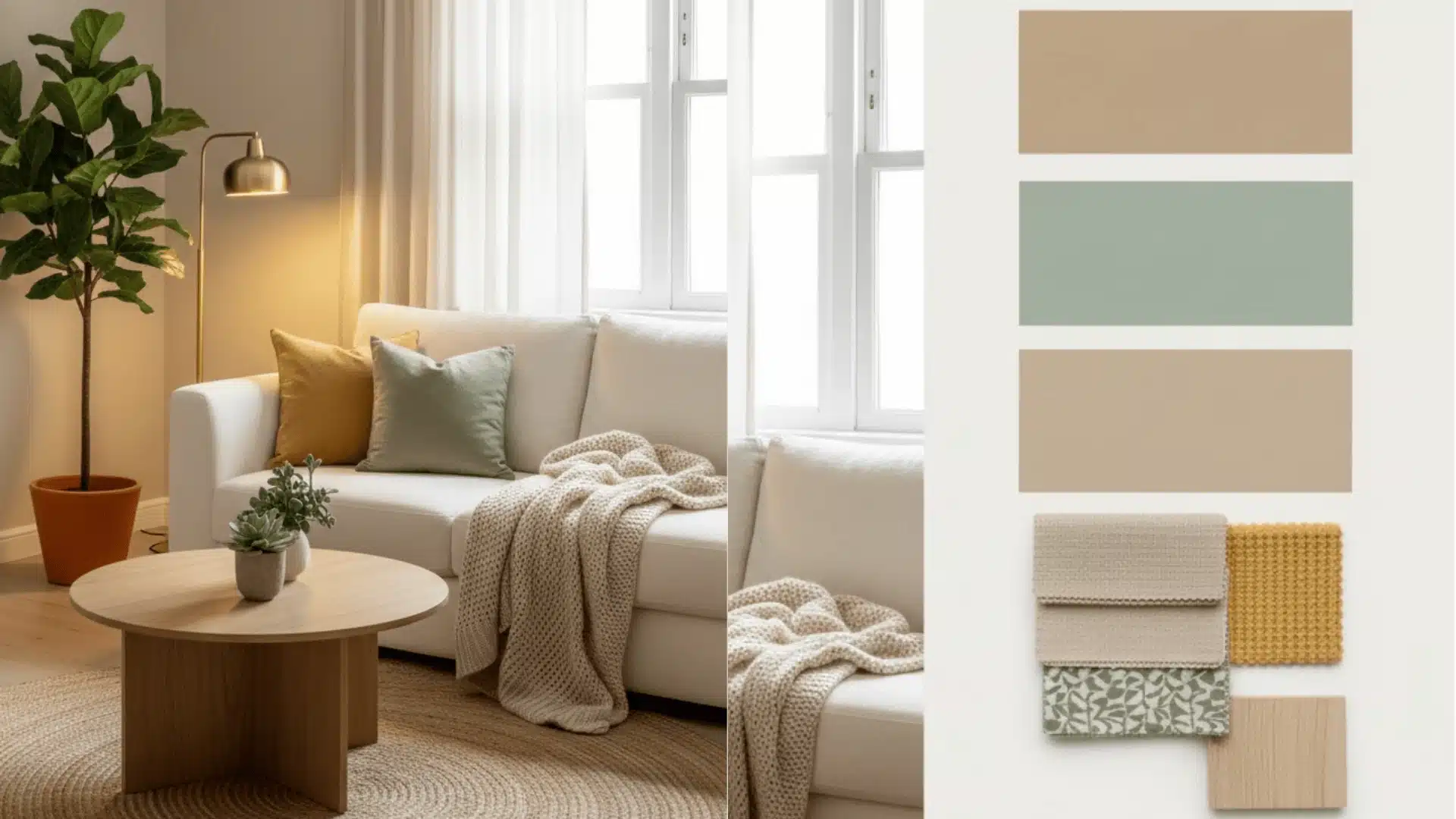 Modern living room featuring a white sofa, light wood coffee table, and fiddle leaf fig, displayed alongside a color and material palette of beige, sage green, and mustard accents