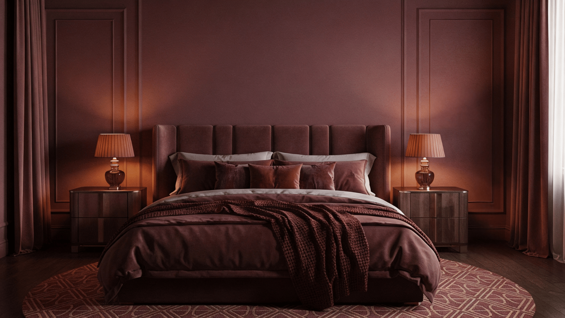 maroon color drenched bedroom