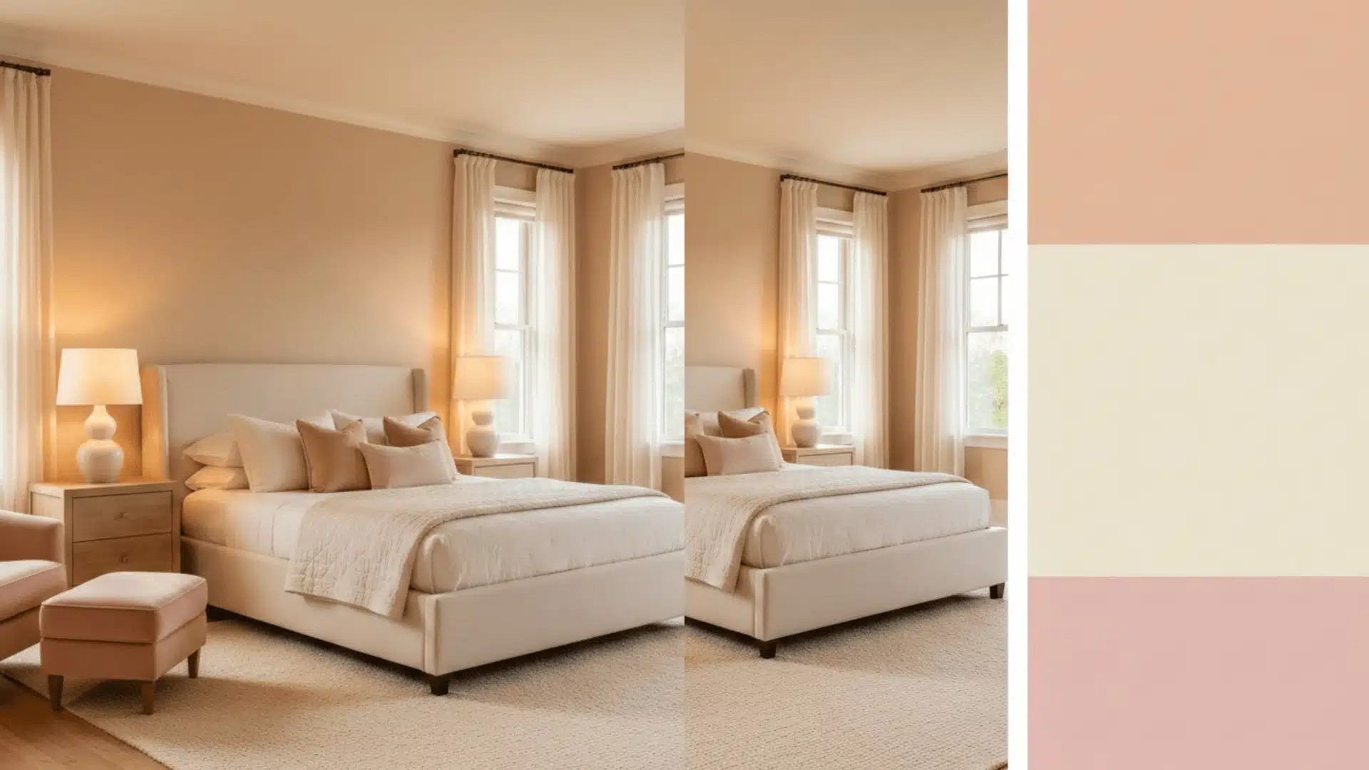 A serene bedroom featuring a neutral color palette accented with pink and white decor elements