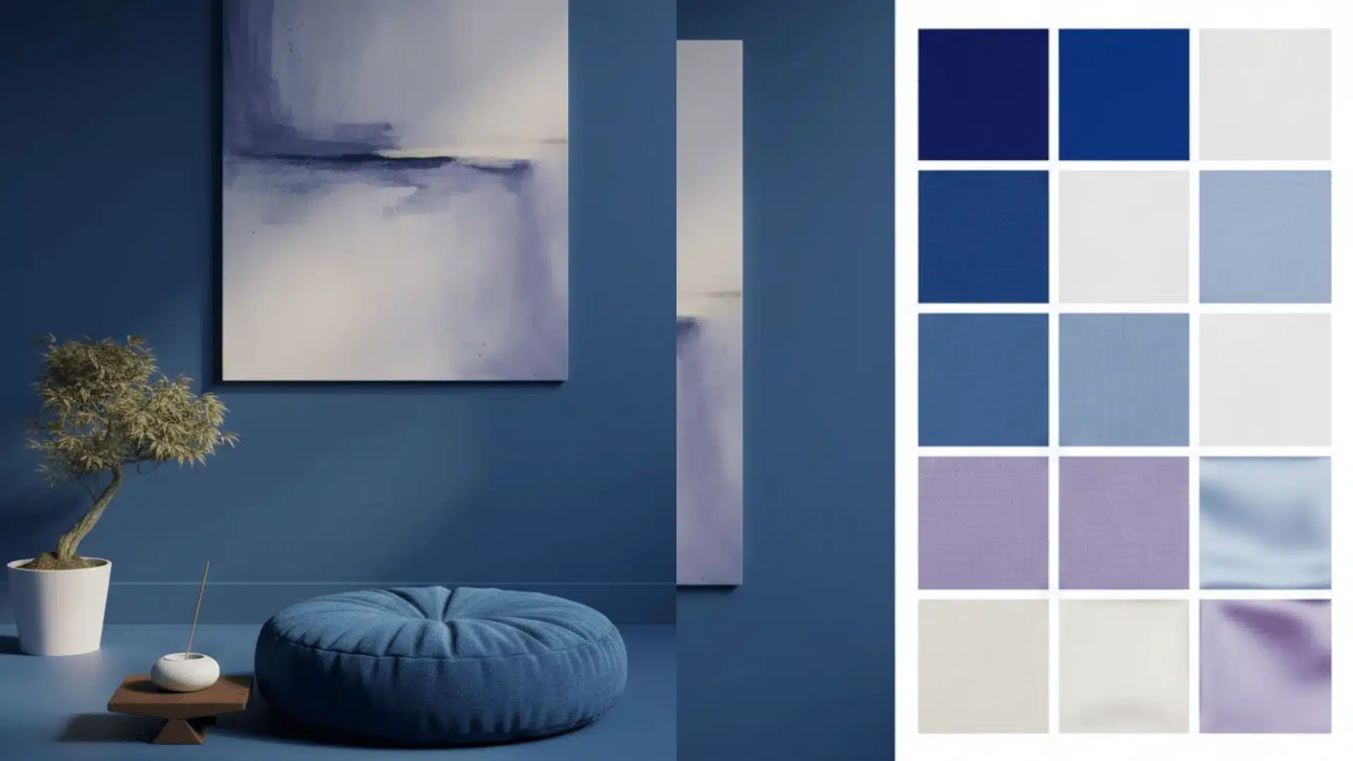 A blue and white room featuring a blue rug and a colorful painting on the wall