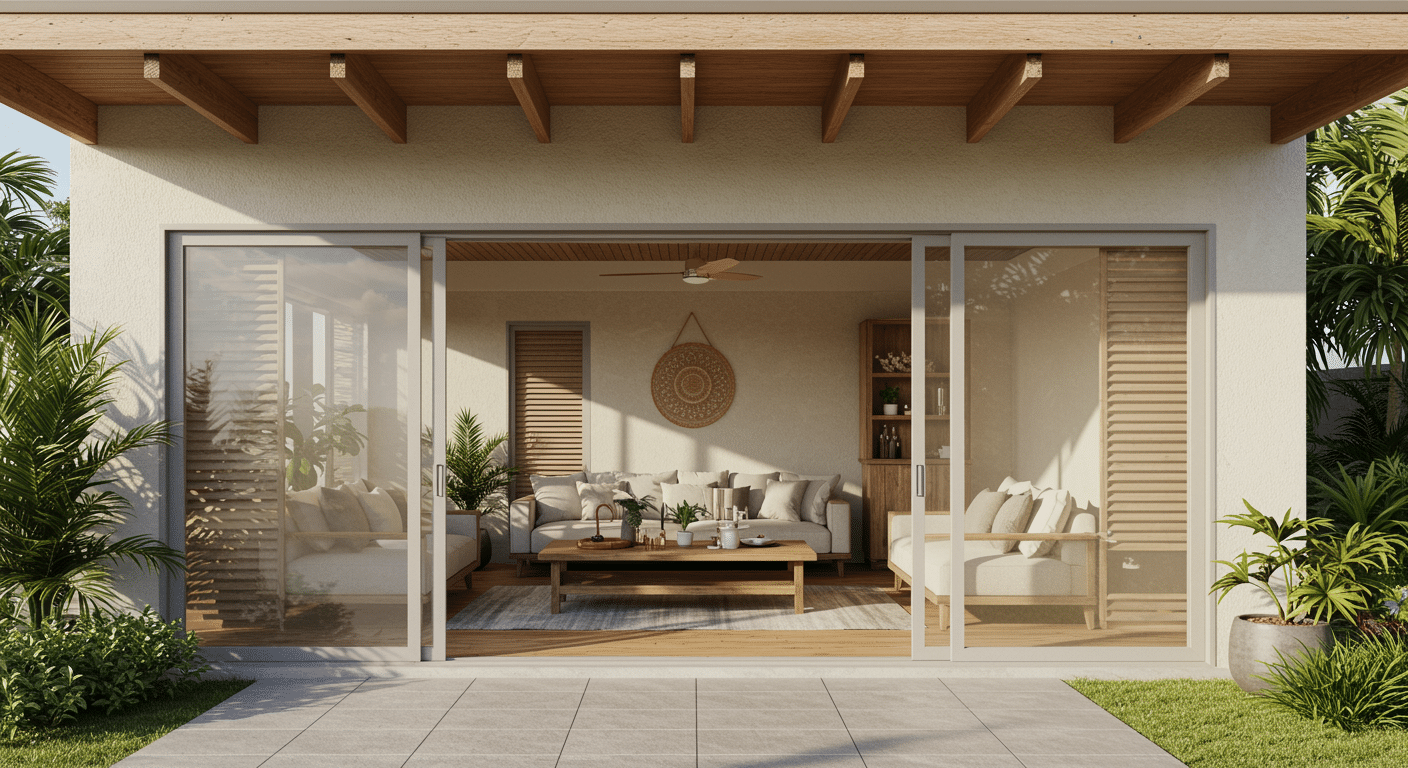 Modern beach house patio with sliding glass walls, wood ceiling beams, and cozy neutral seating indoors outdoors