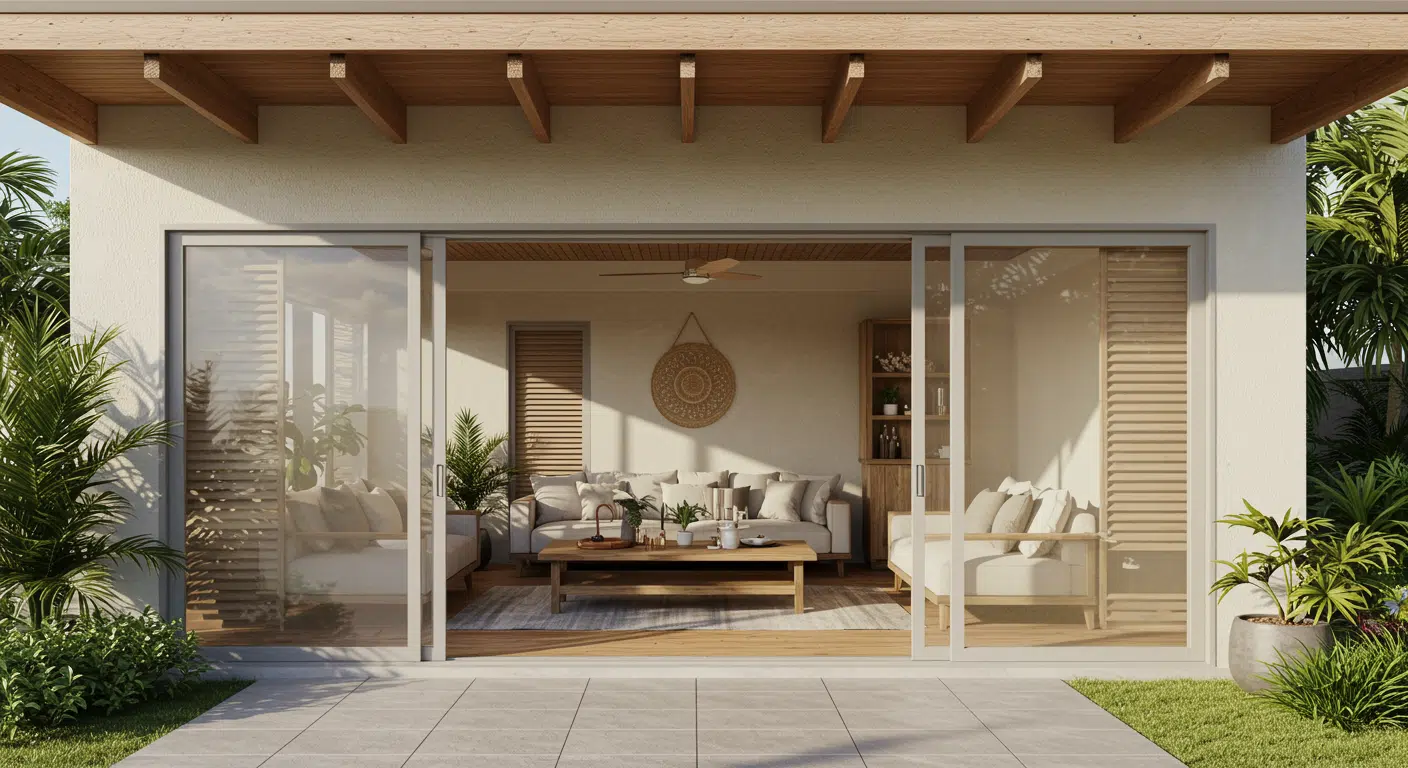 Modern beach house patio with sliding glass walls, wood ceiling beams, and cozy neutral seating indoors outdoors