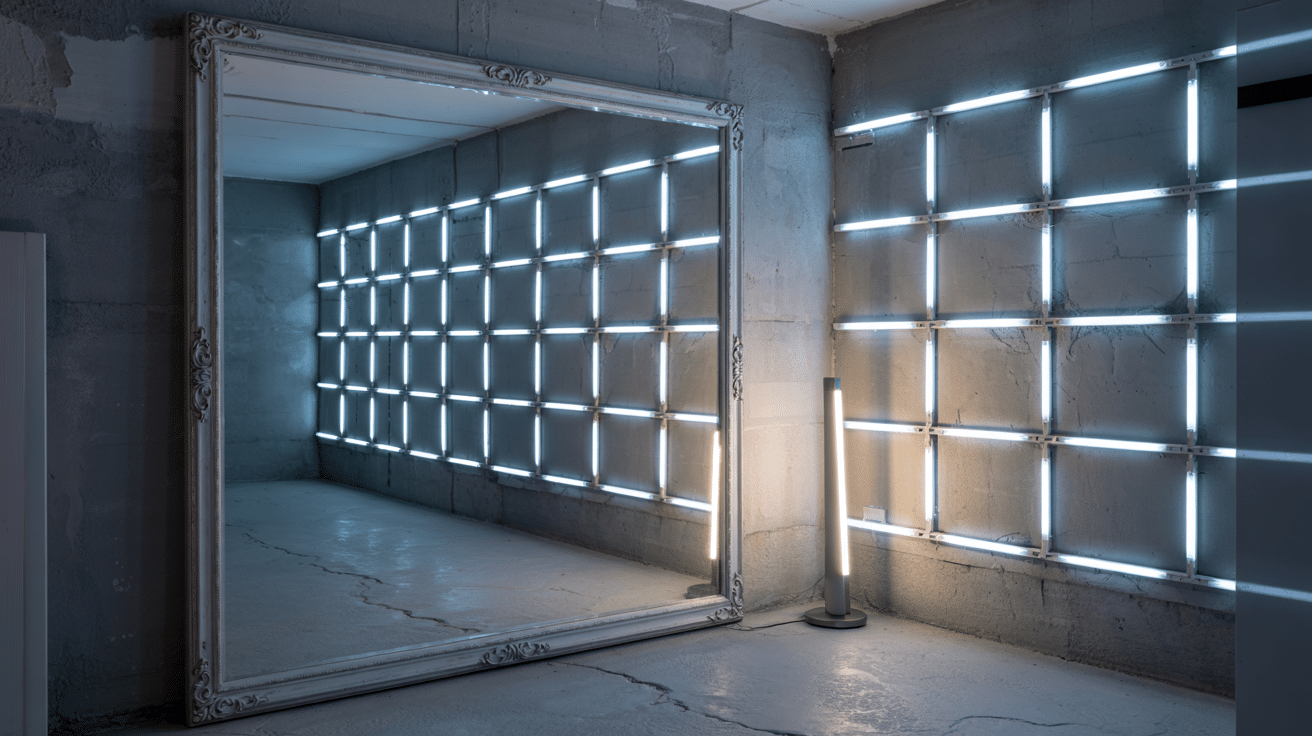 mirror boosted lighting to make small basements feel bigger