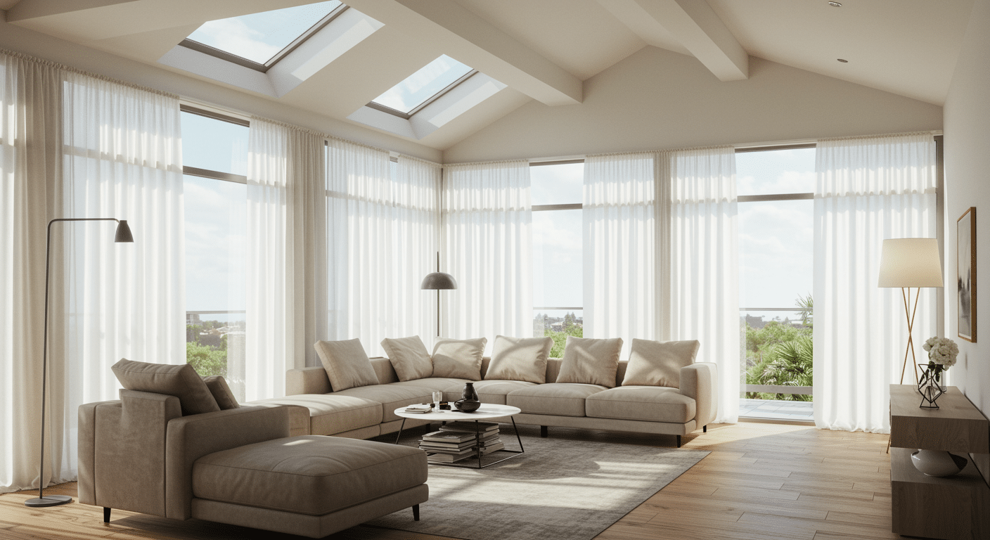 Sunlit coastal living space with skylights, large windows, neutral sectional sofa, soft curtains, and open airy layout