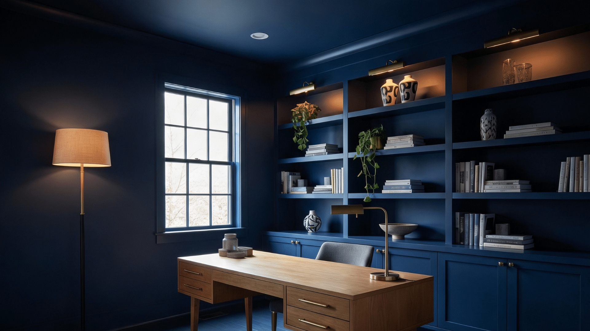 navy color drenched home office