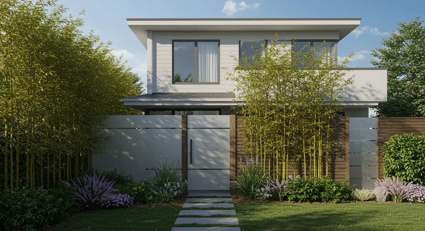 Modern home with frosted glass gate, bamboo landscaping, wood fence, and lush garden creating a private space