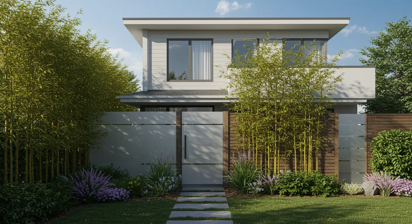 Modern home with frosted glass gate, bamboo landscaping, wood fence, and lush garden creating a private space