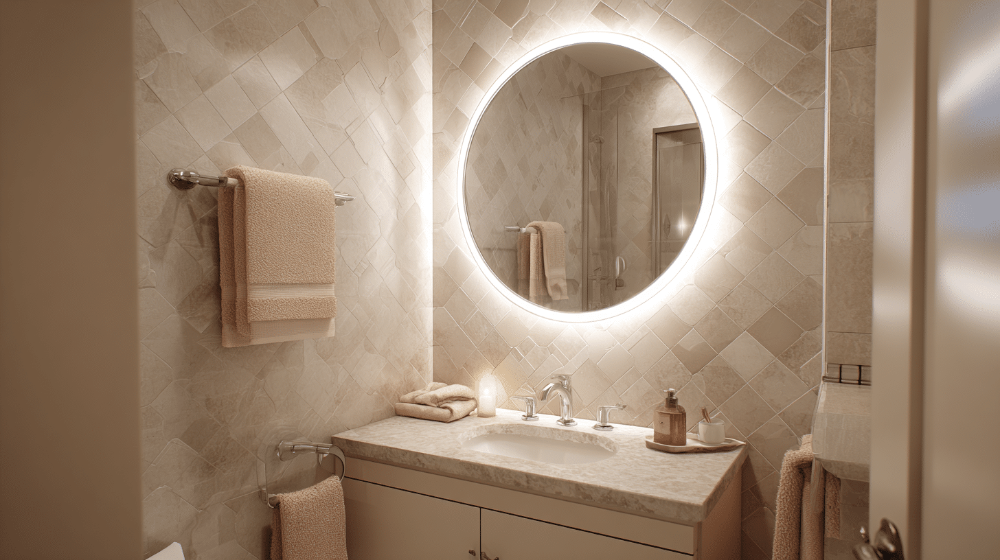 round mirror layout for small master bathrooms