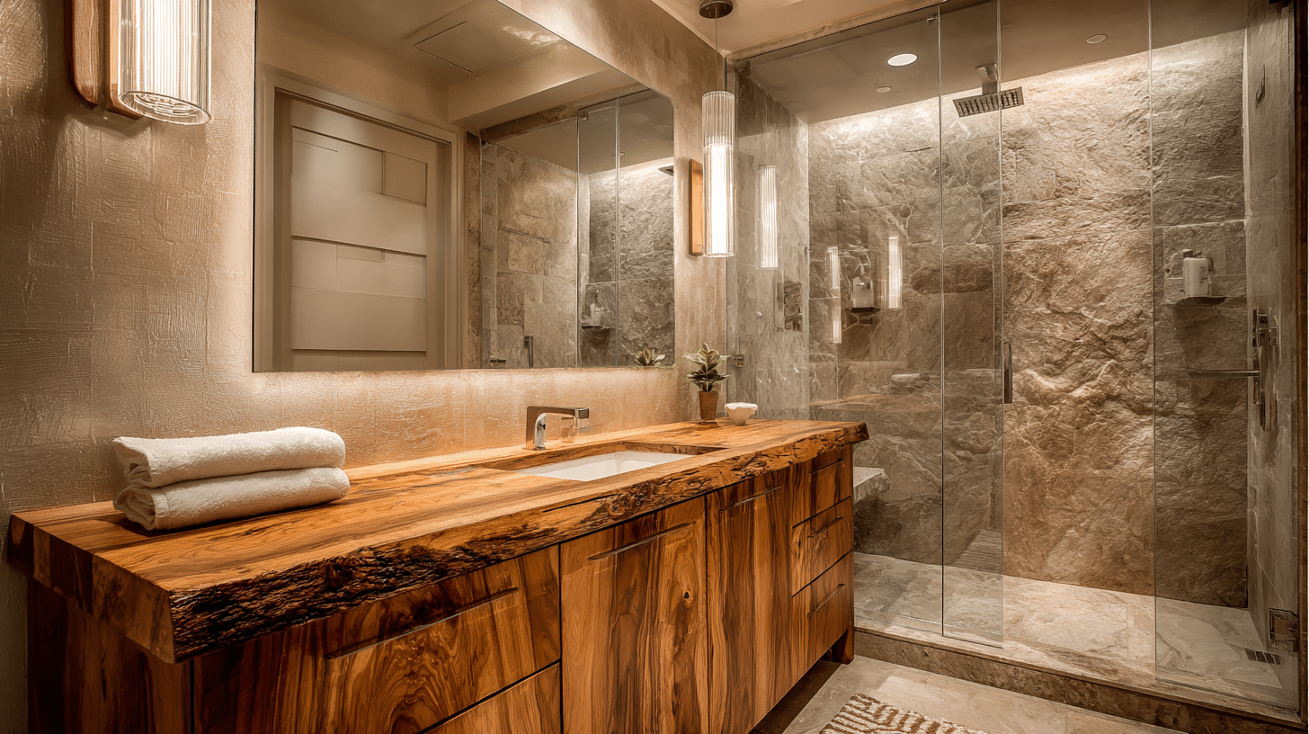 rustic wood vanity with stone shower walls