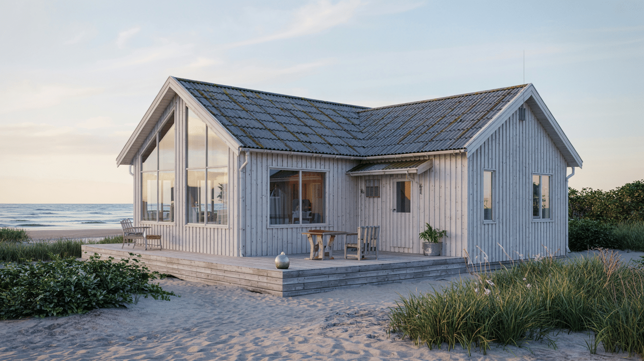 Scandinavian style coastal home with large glass windows, sandy surroundings, ocean backdrop, and simple outdoor deck seating