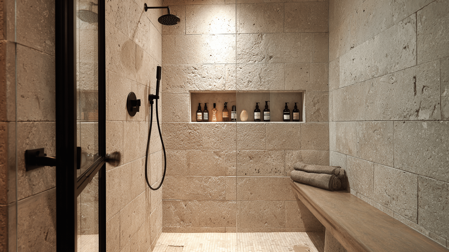 shower with built in bench and niche
