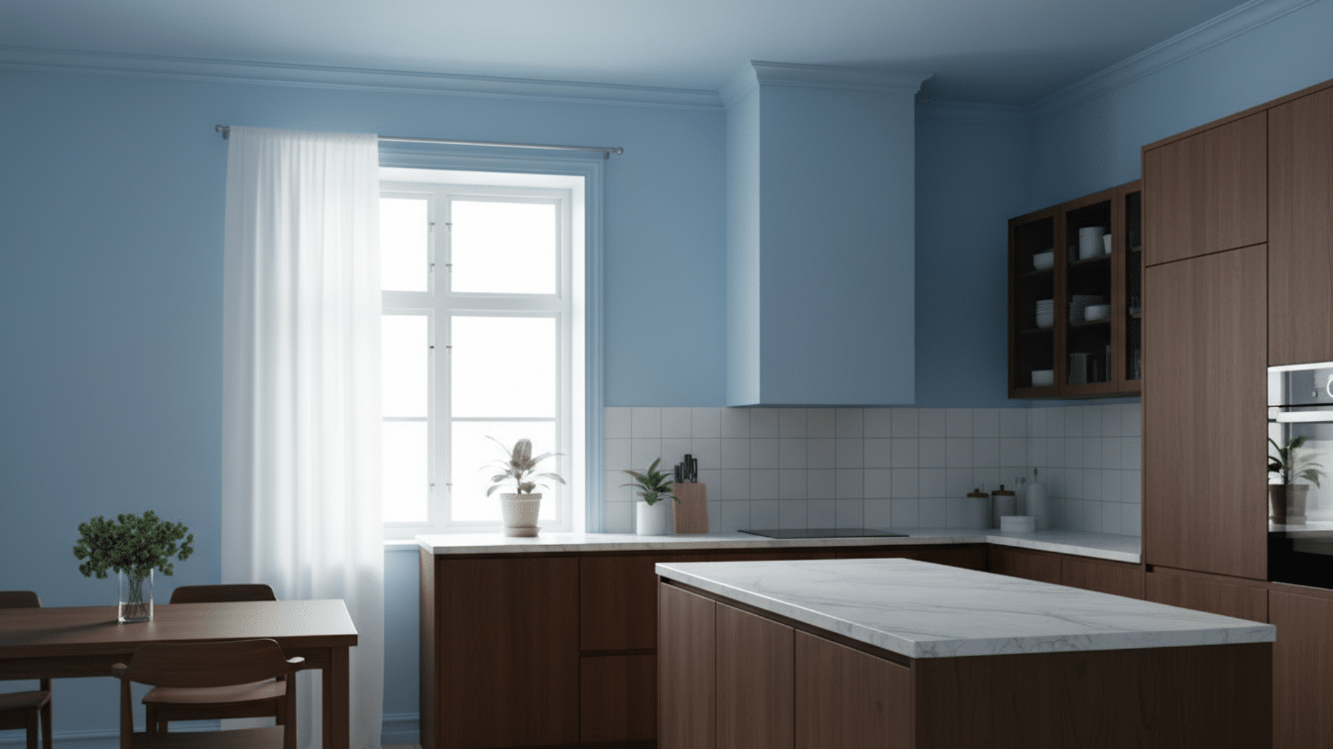 sky blue color drenched kitchen