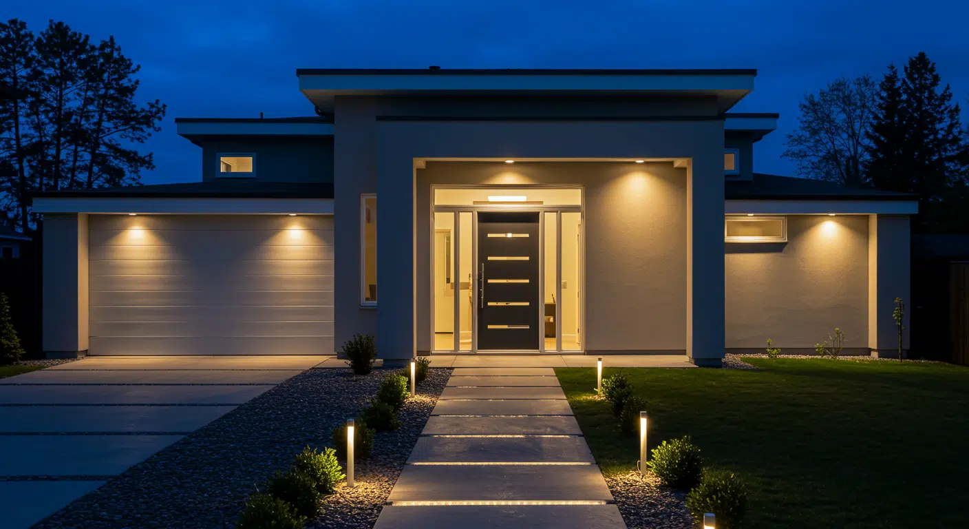 Modern beach house exterior at night with lit pathway, sleek entrance door, garage, and soft outdoor lighting 