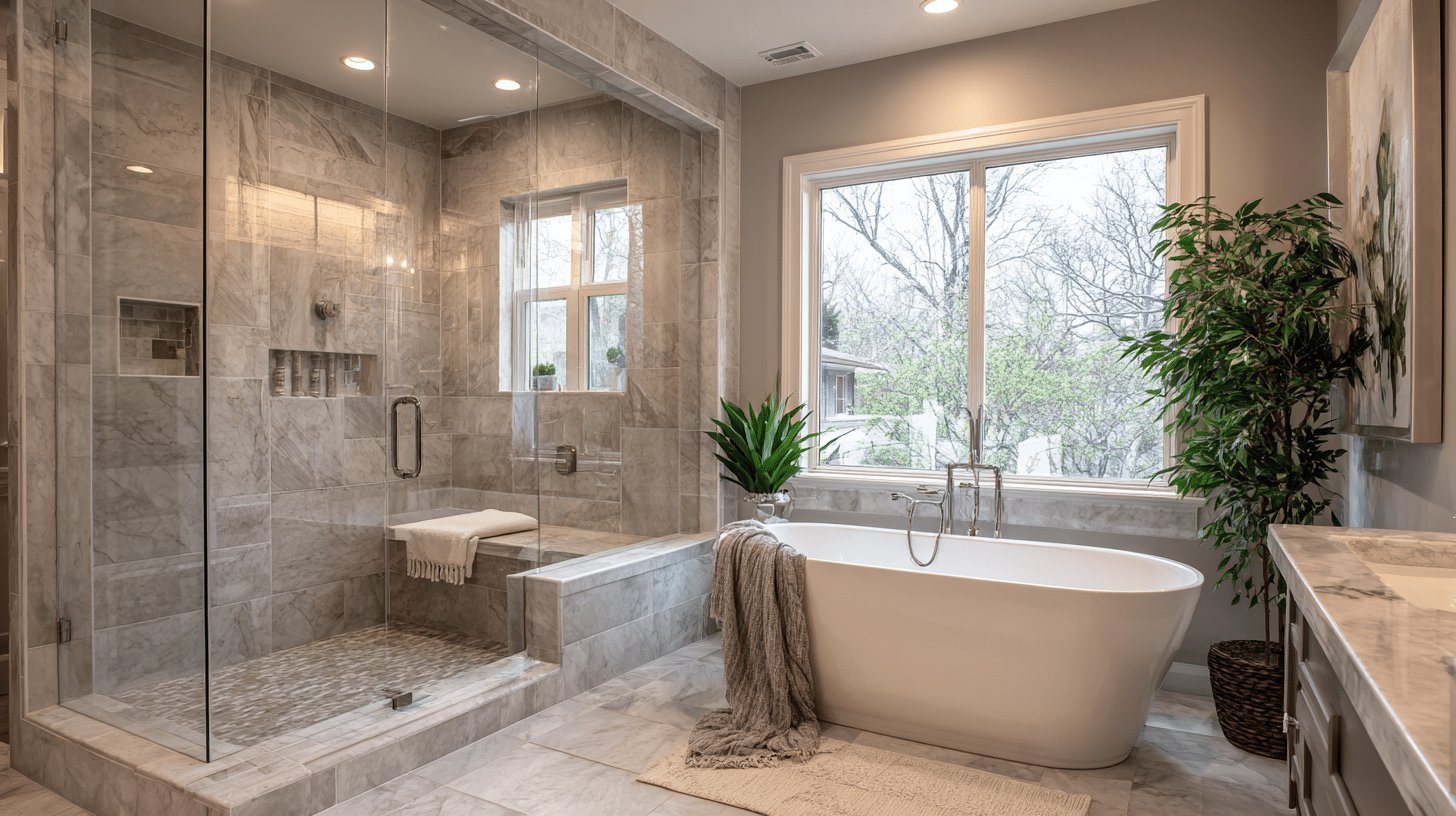 split layout with shower on one side and tub on the other