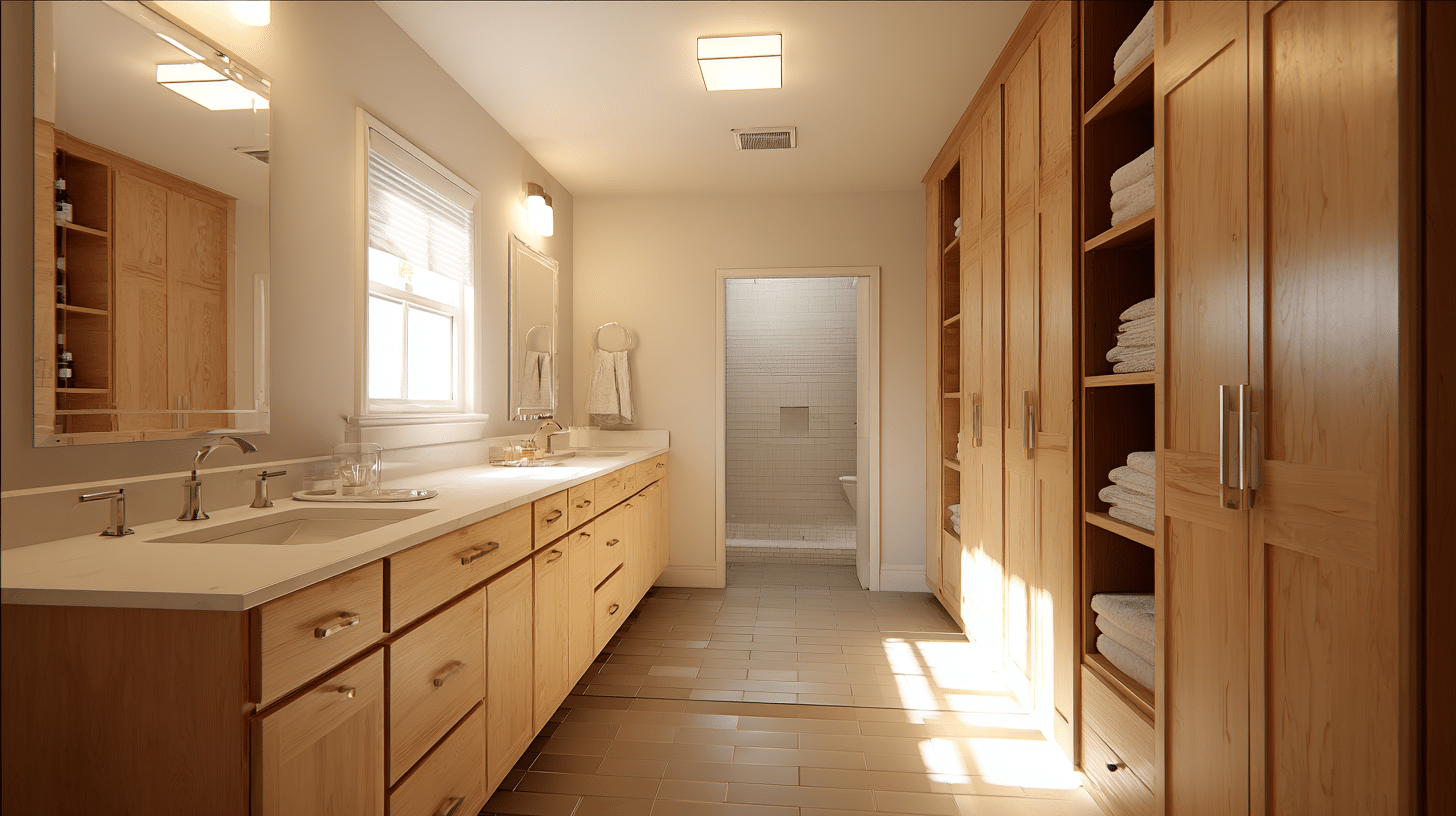 vanity along one wall and storage on the other