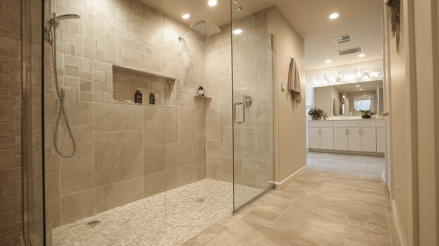 walk in shower with a glass wall divider