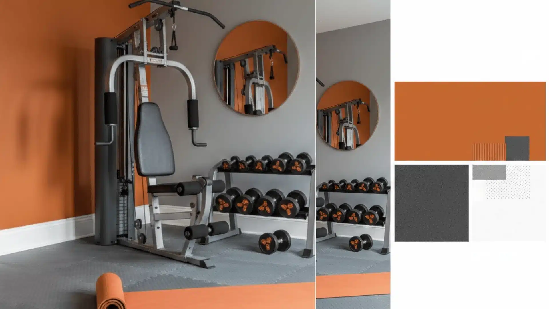 A workout room featuring vibrant orange walls and a striking black and white floor design