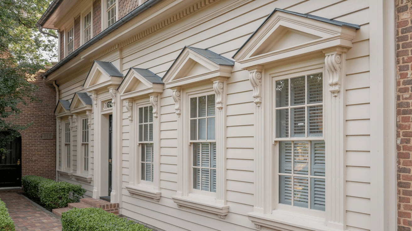A brick walkway directs to a house with white siding, showcasing elegant gable pediments and coordinated trim