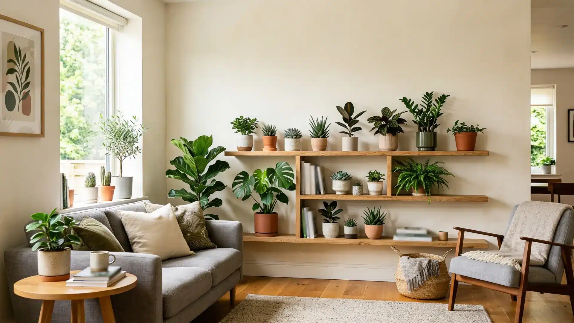 A bright living room featuring a grey sofa, a wooden side table, and a mid-century armchair set against a wall adorned with numerous potted plants displayed on floating wooden shelves