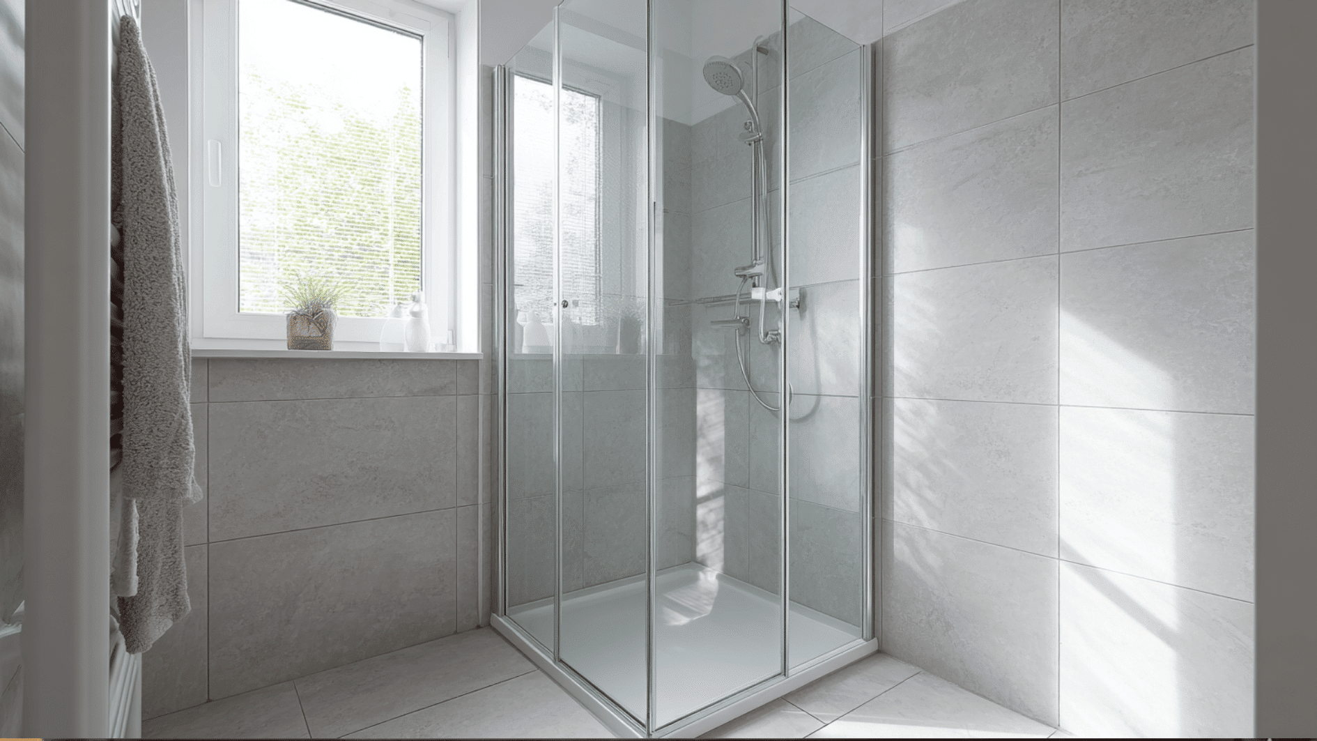A bright small bathroom with a corner walk in shower, featuring a fixed clear glass panel and light gray wall tiles