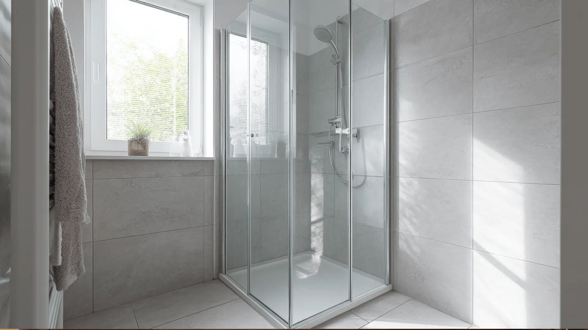 A bright small bathroom with a corner walk in shower, featuring a fixed clear glass panel and light gray wall tiles
